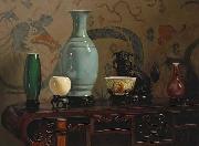 Hubert Vos Asian Still Life with Blue Vase, oil painting by Hubert Vos Germany oil painting artist